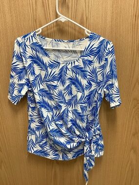 Lands' End White Top with Blue Palm Leaf Print and Side Tie